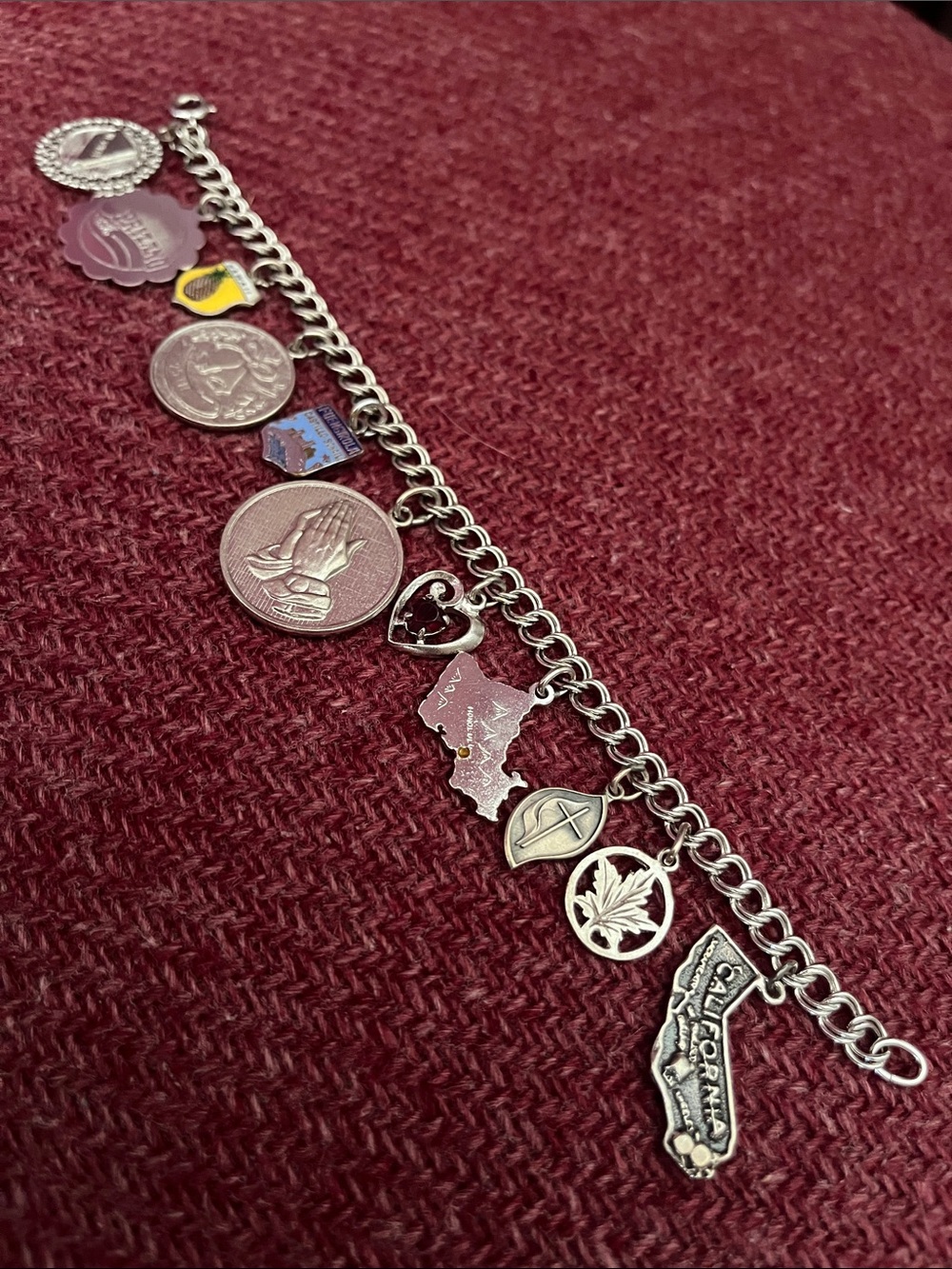 1960-80 Sterling Eclectic Travel Theme Charm Bracelet, Silver, 7.5"